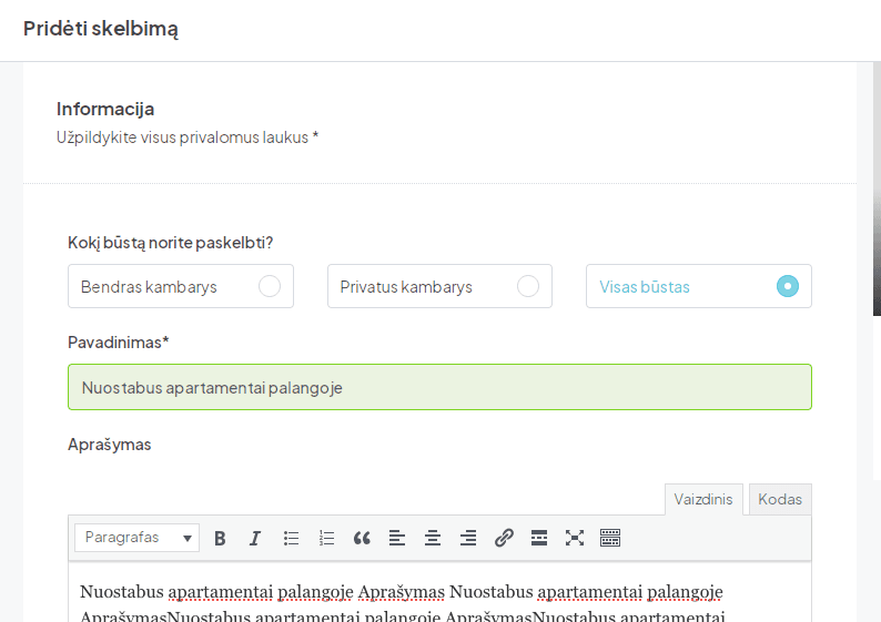 Skelbimo informacijos pildymas